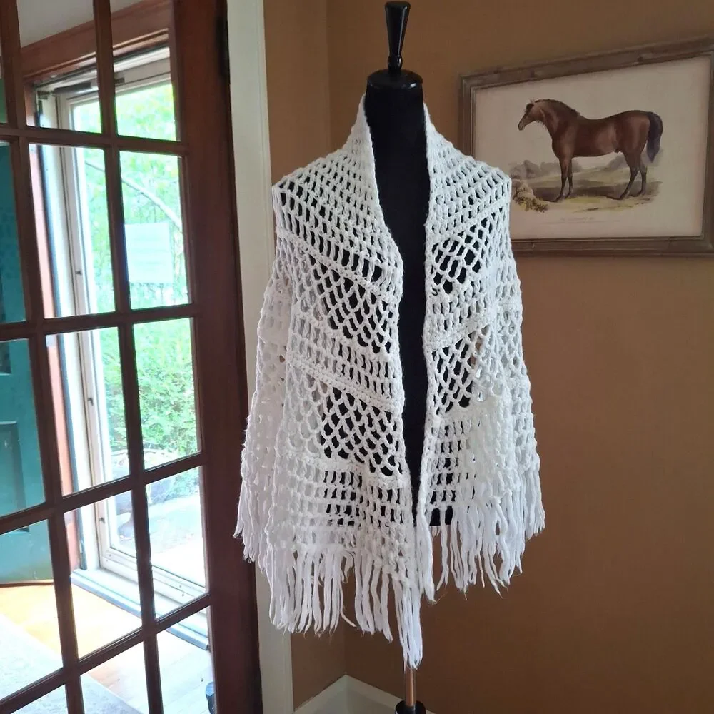 Vintage White Crochet Shawl Wrap – Open Weave – Long Fringe – Boho Hippie